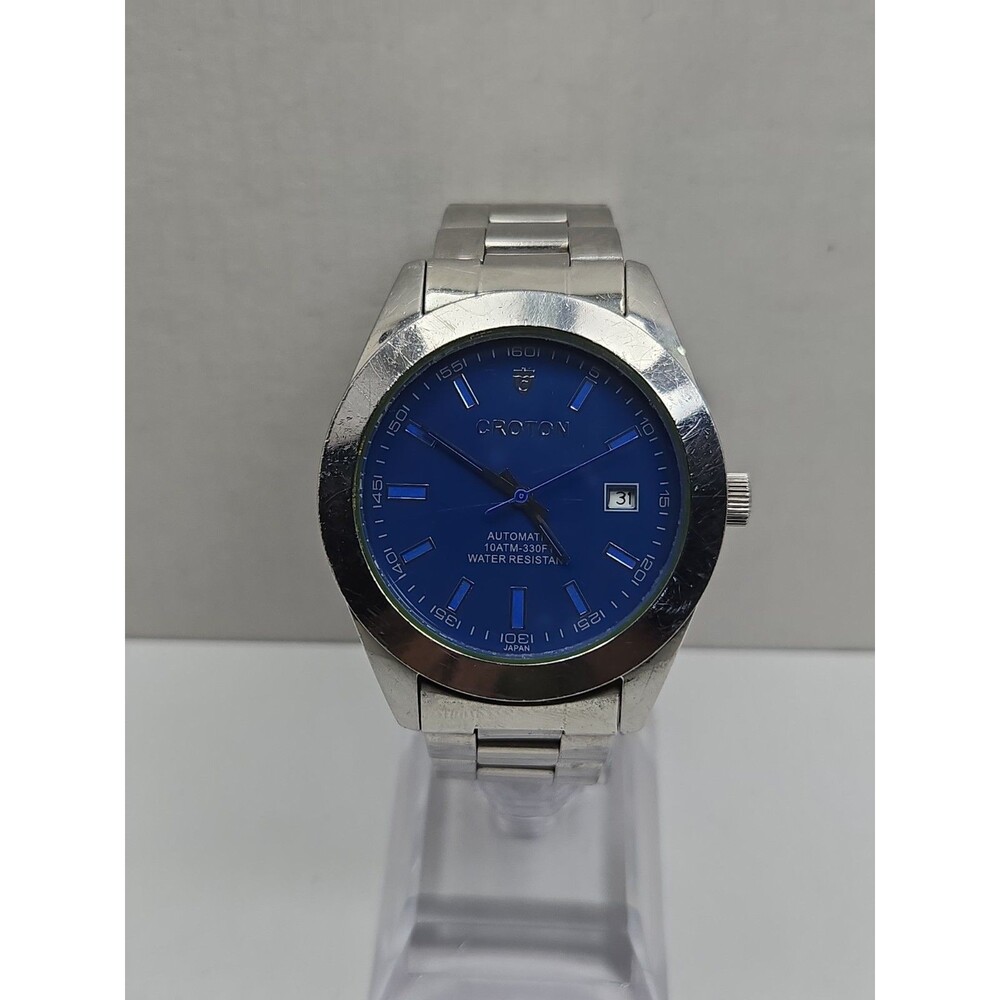 Croton Automatic Mens Date Watch Blue Dial Japan 21 Jewels Runs *Cracked Glass